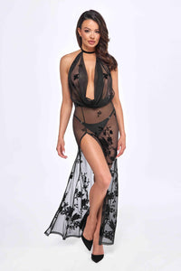 F312 Divinity long flocked mesh dress with open back - 3XL-4