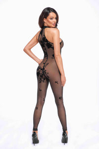 F315 Ego flocked mesh halter catsuit - 2XL-3